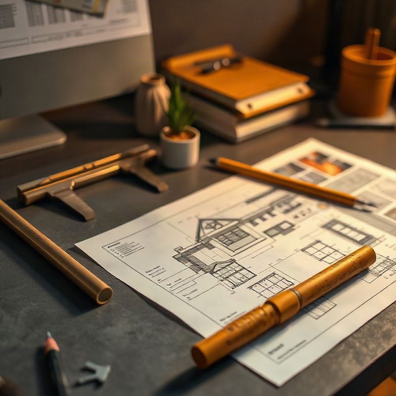Architectural blueprint and measuring tools on a slate-grey desk